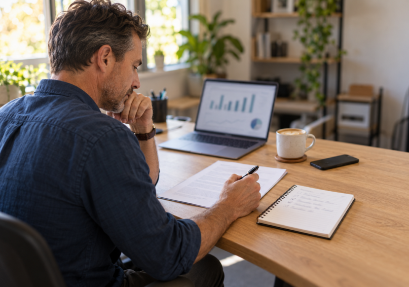 Small business owner reviewing a PPC agency agreement against a handwritten list of questions before signing