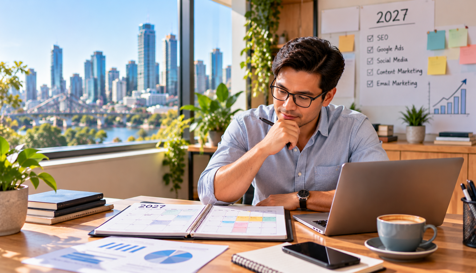 Australian small business owner planning a digital marketing campaign strategy for 2027