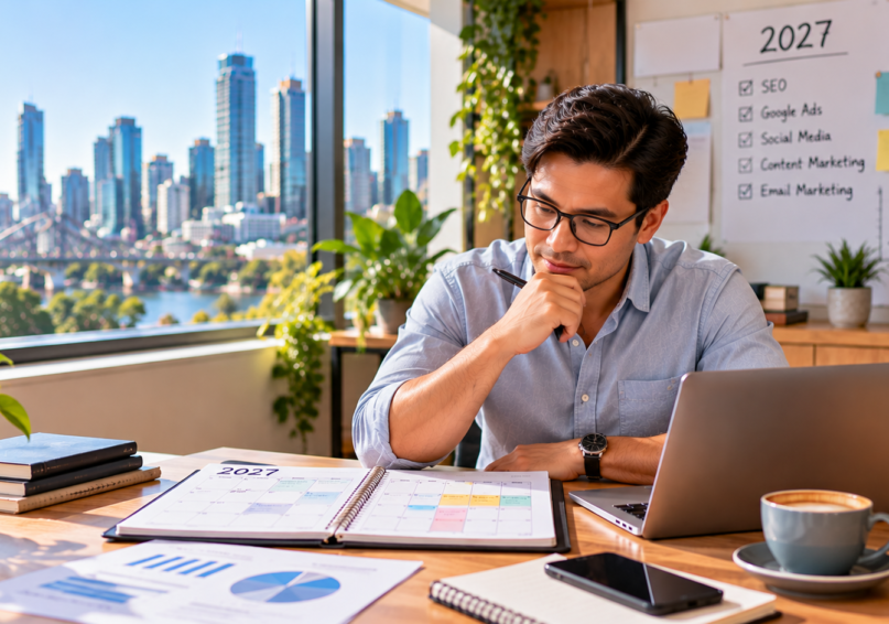 Australian small business owner planning a digital marketing campaign strategy for 2027