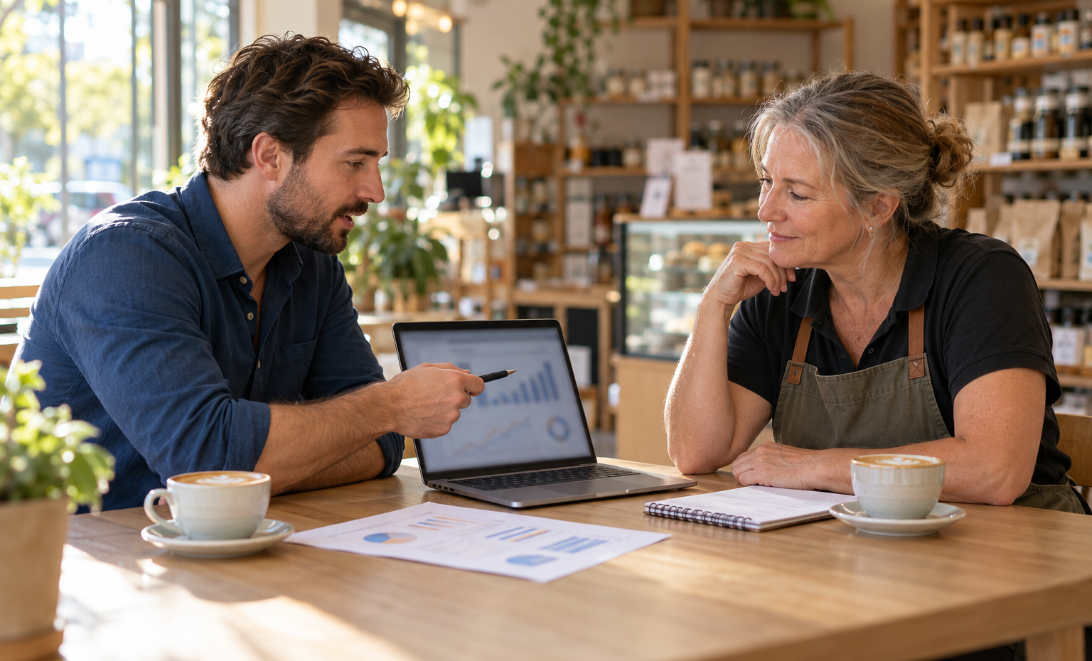 Marketing adviser explaining PPC ad results on a laptop to a small business owner at their shop