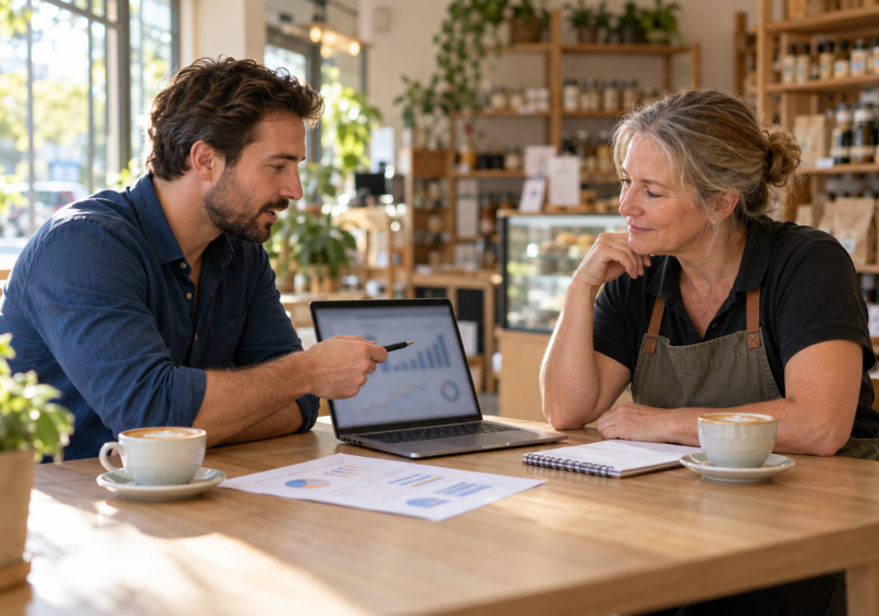 Marketing adviser explaining PPC ad results on a laptop to a small business owner at their shop