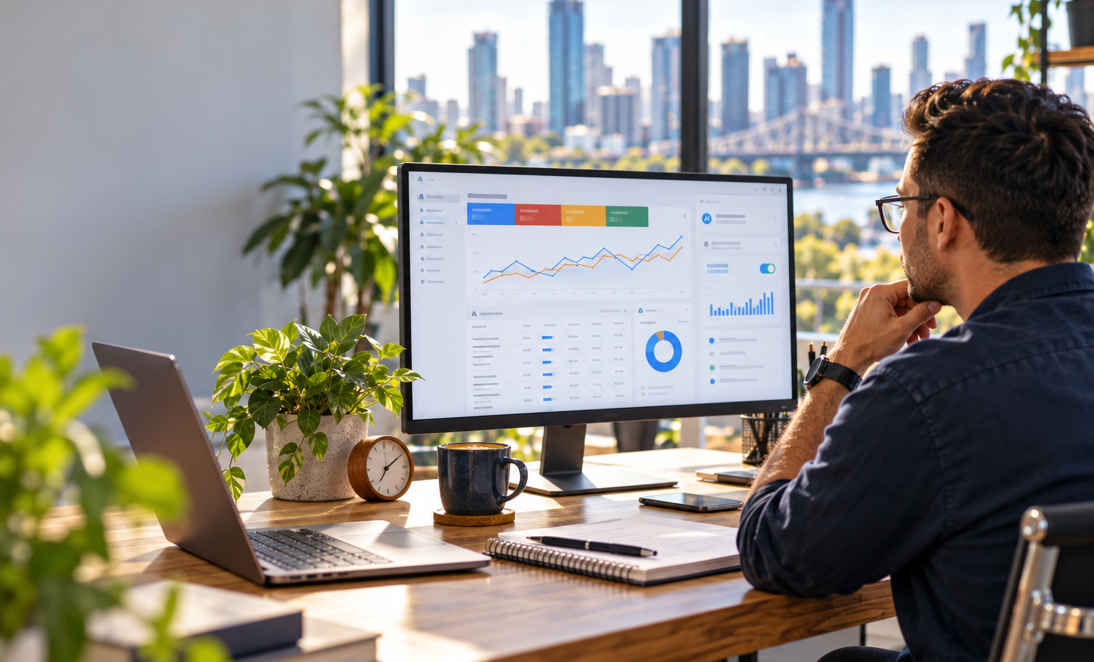 Modern Analytics Workspace overlooking Cityscape