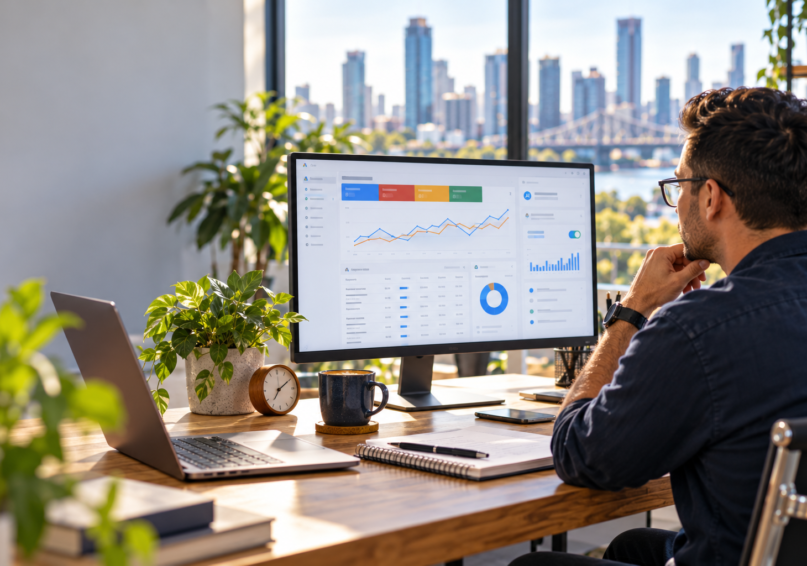 Modern Analytics Workspace overlooking Cityscape